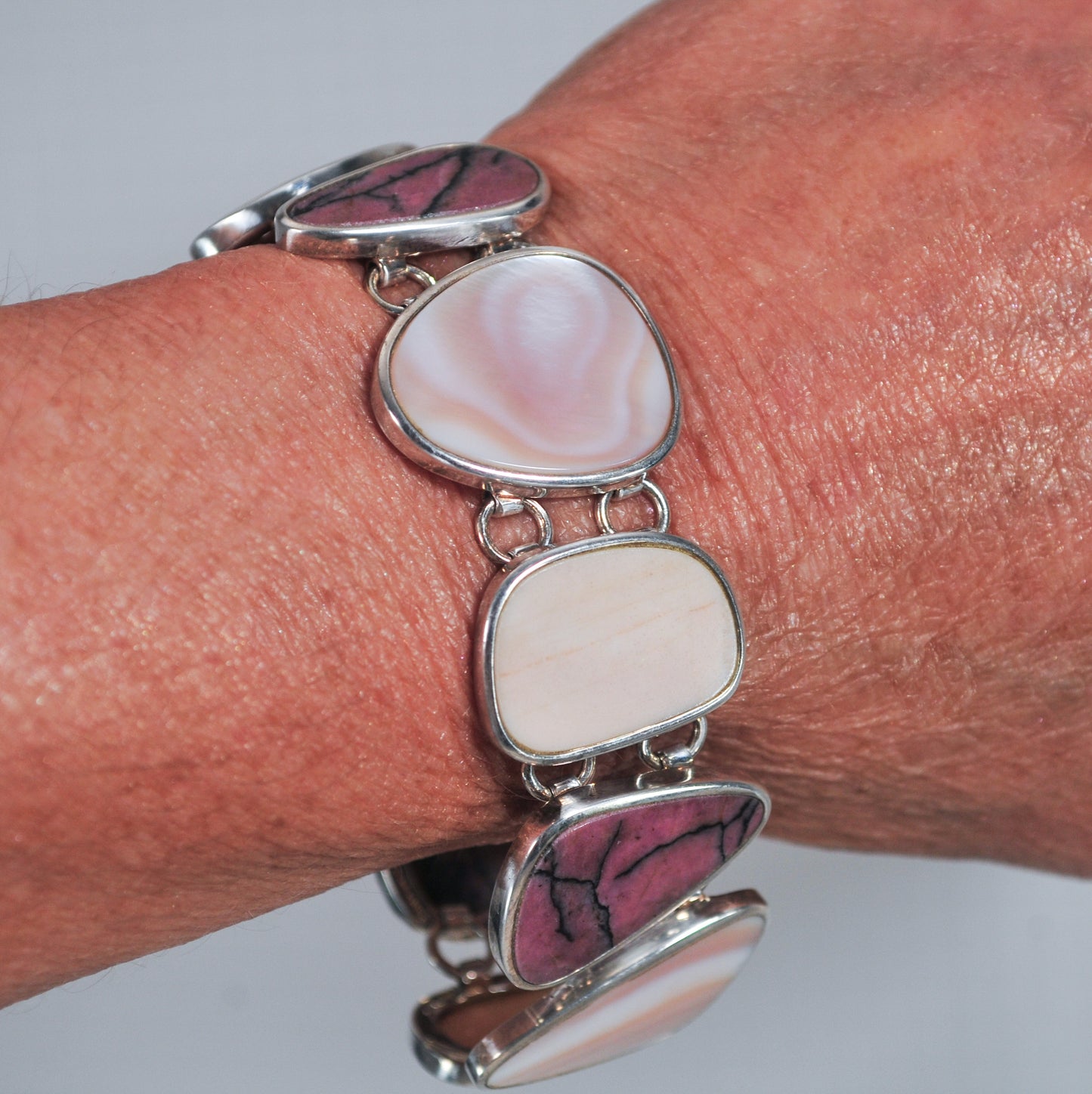 Whitney Kelly Angel Skin Coral, Mother of Pearl, Rhodonite Sterling Silver Bracelet