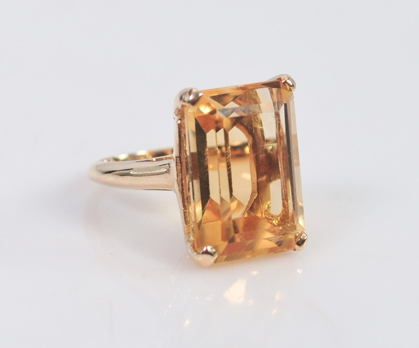 14K Gold Emerald Cut Citrine Ring