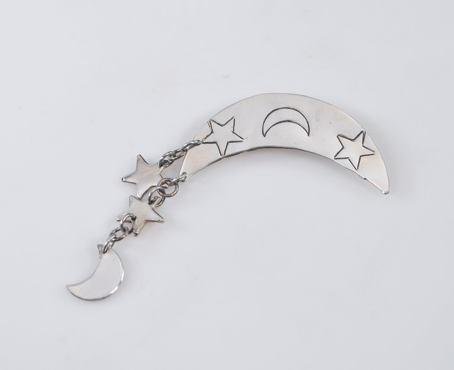 Vintage Taxco Sterling Silver Articulated Crescent Moon Star Brooch