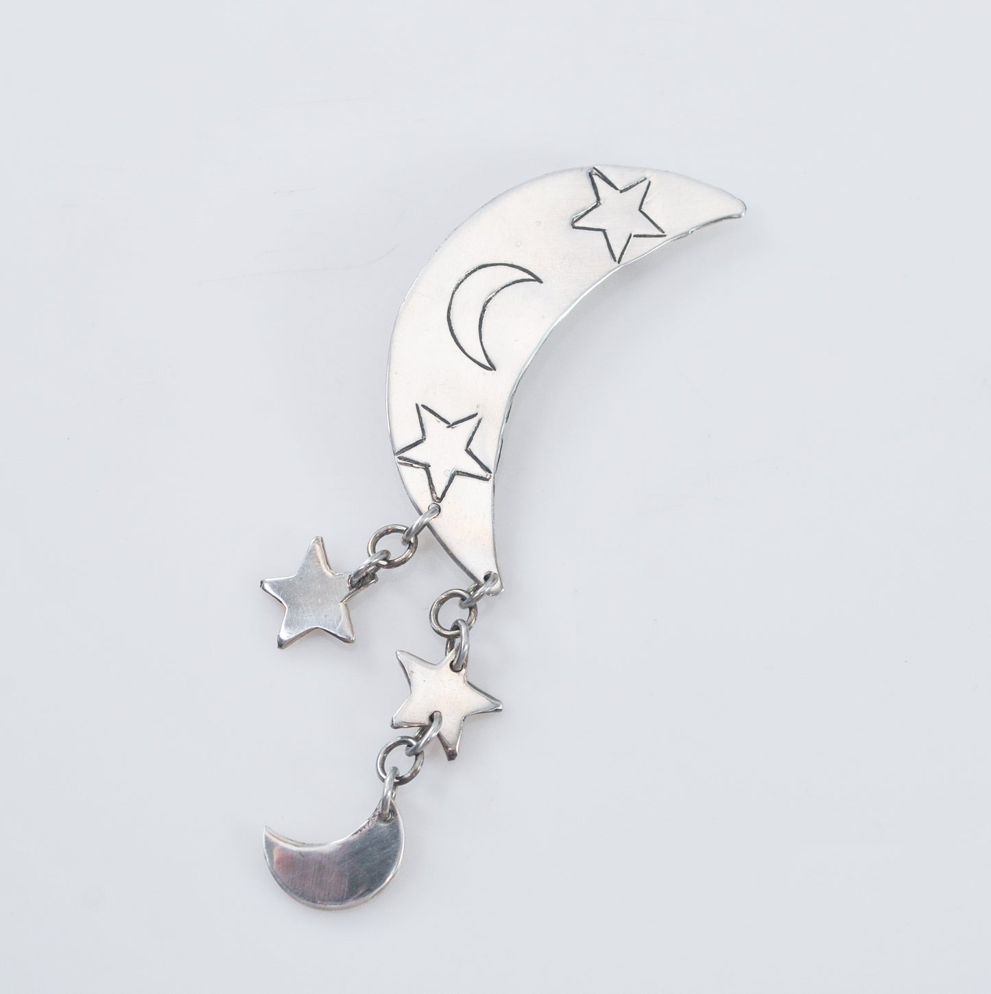 Vintage Taxco Sterling Silver Articulated Crescent Moon Star Brooch