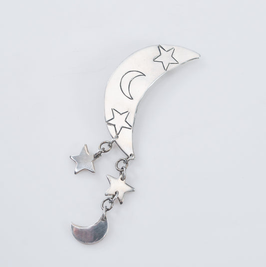 Vintage Taxco Sterling Silver Articulated Crescent Moon Star Brooch