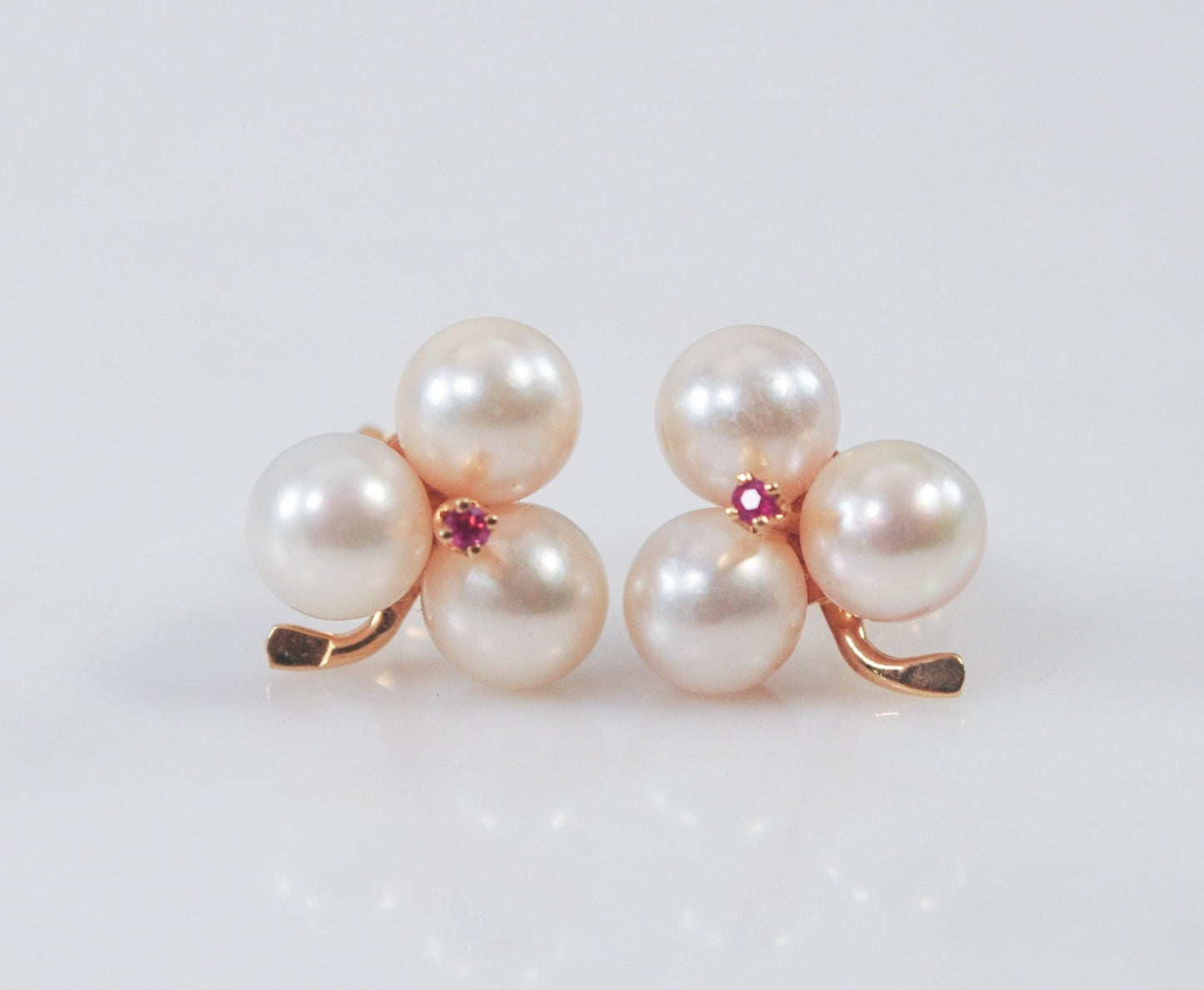 Vintage 14K Gold Pearl and Ruby Flower Earrings