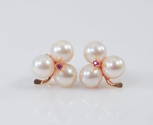 Vintage 14K Gold Pearl and Ruby Flower Earrings