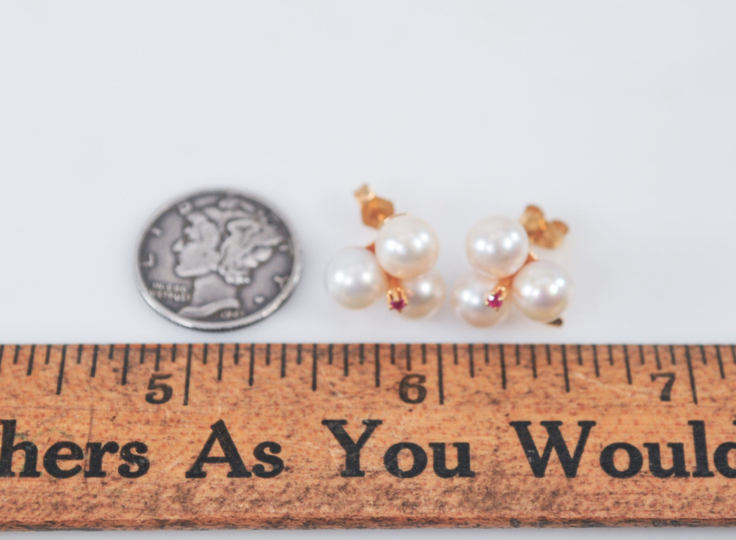 Vintage 14K Gold Pearl and Ruby Flower Earrings