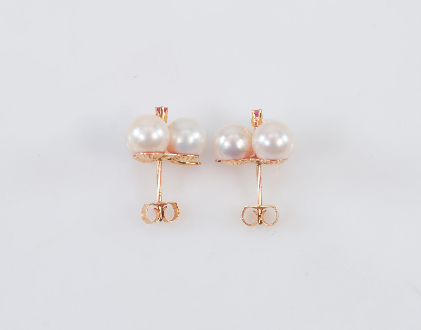 Vintage 14K Gold Pearl and Ruby Flower Earrings