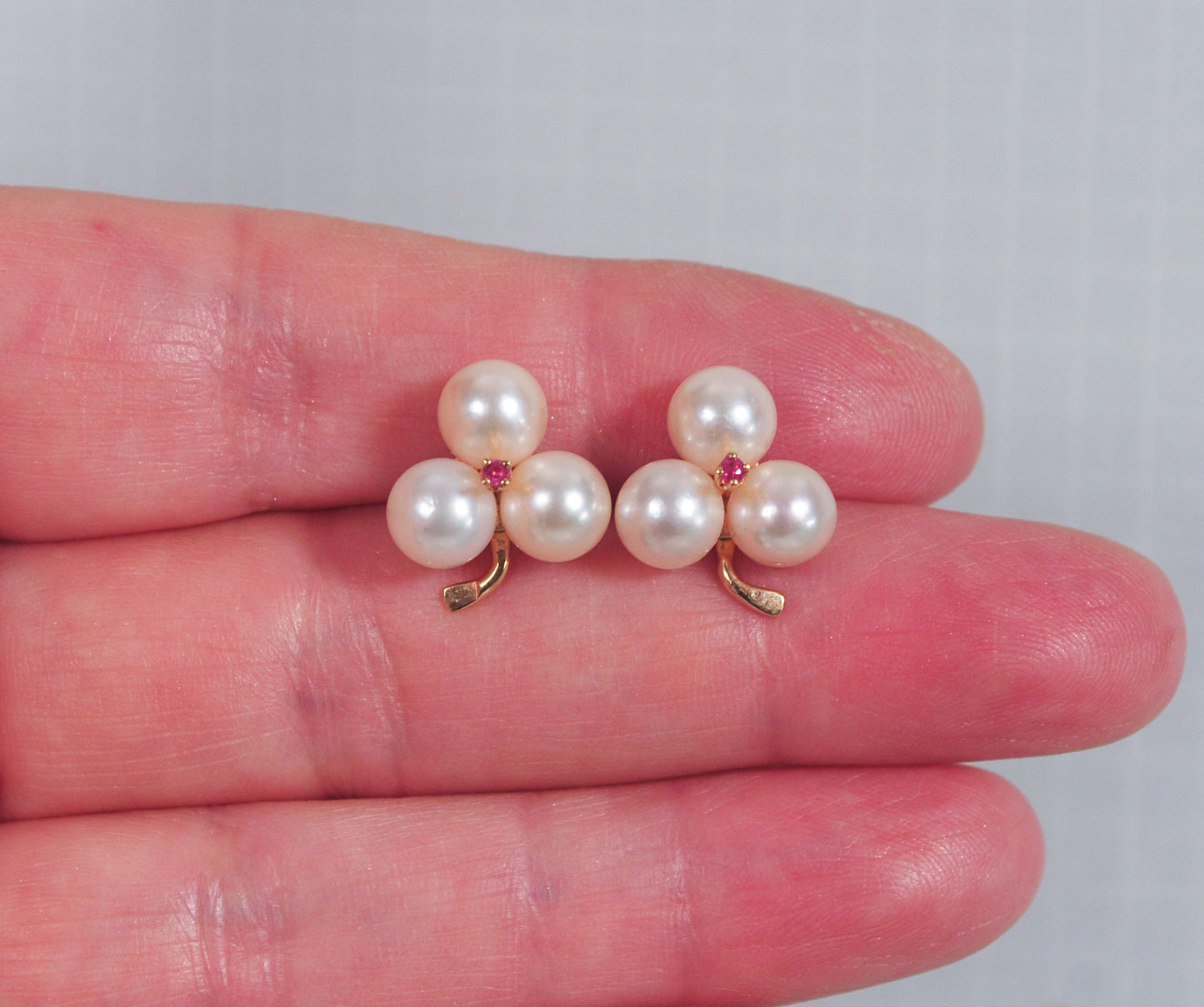 Vintage 14K Gold Pearl and Ruby Flower Earrings