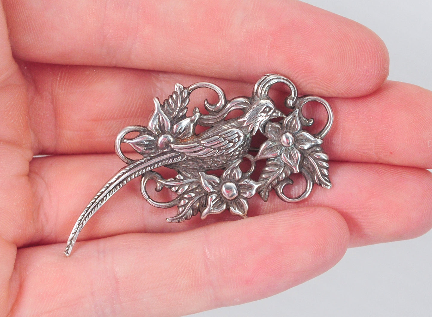 Vintage Signed Sterling Silver Pheasant Brooch Pendant