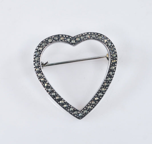 Vintage Sterling Silver Marcasite Heart Brooch