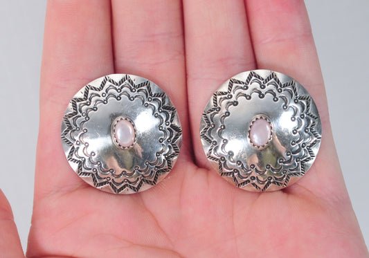 Navajo Signed Sterling Silver Mother of Pearl Concho Earrings