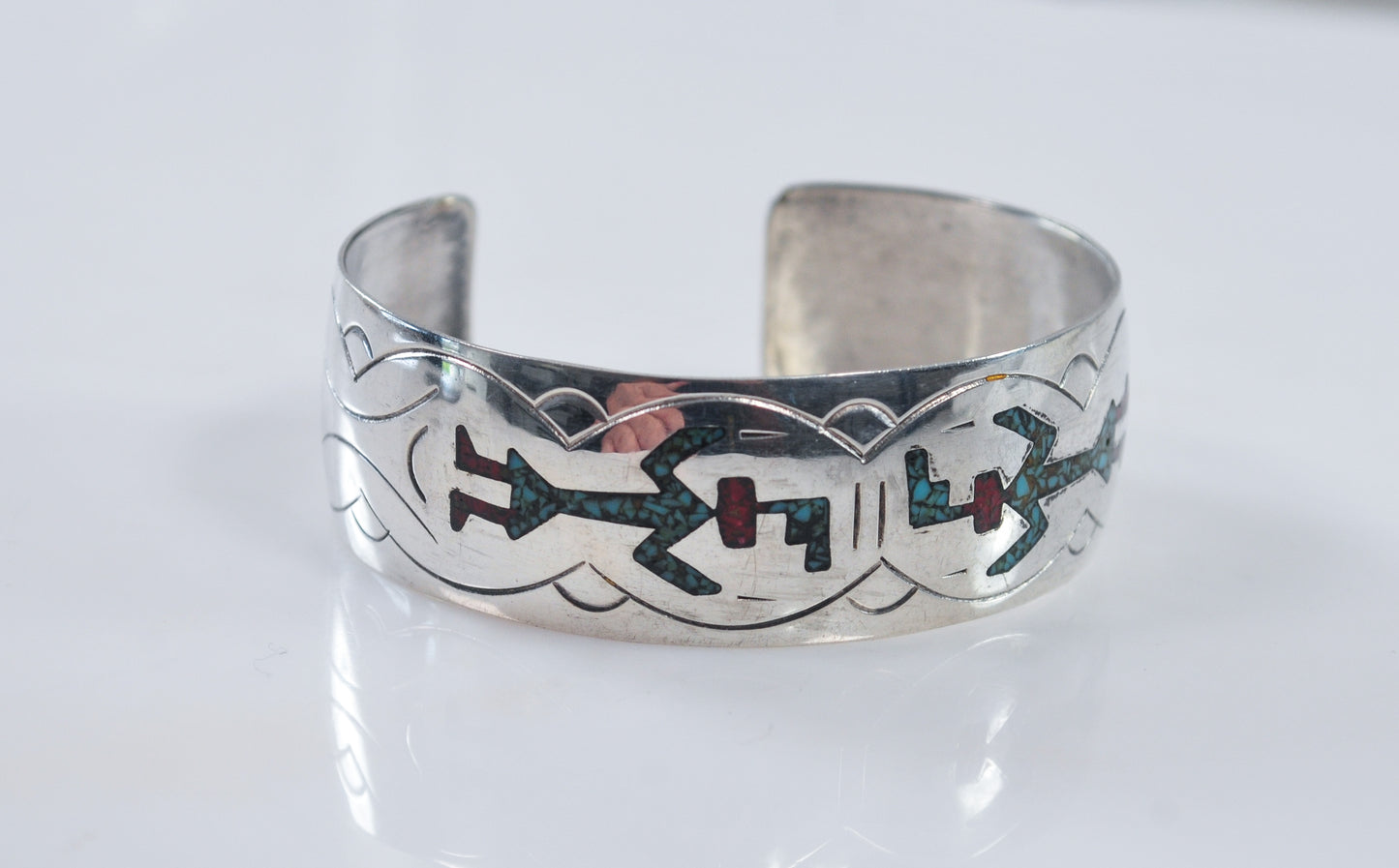 Native American Crushed Turquoise Coral Inlay Cuff Bracelet