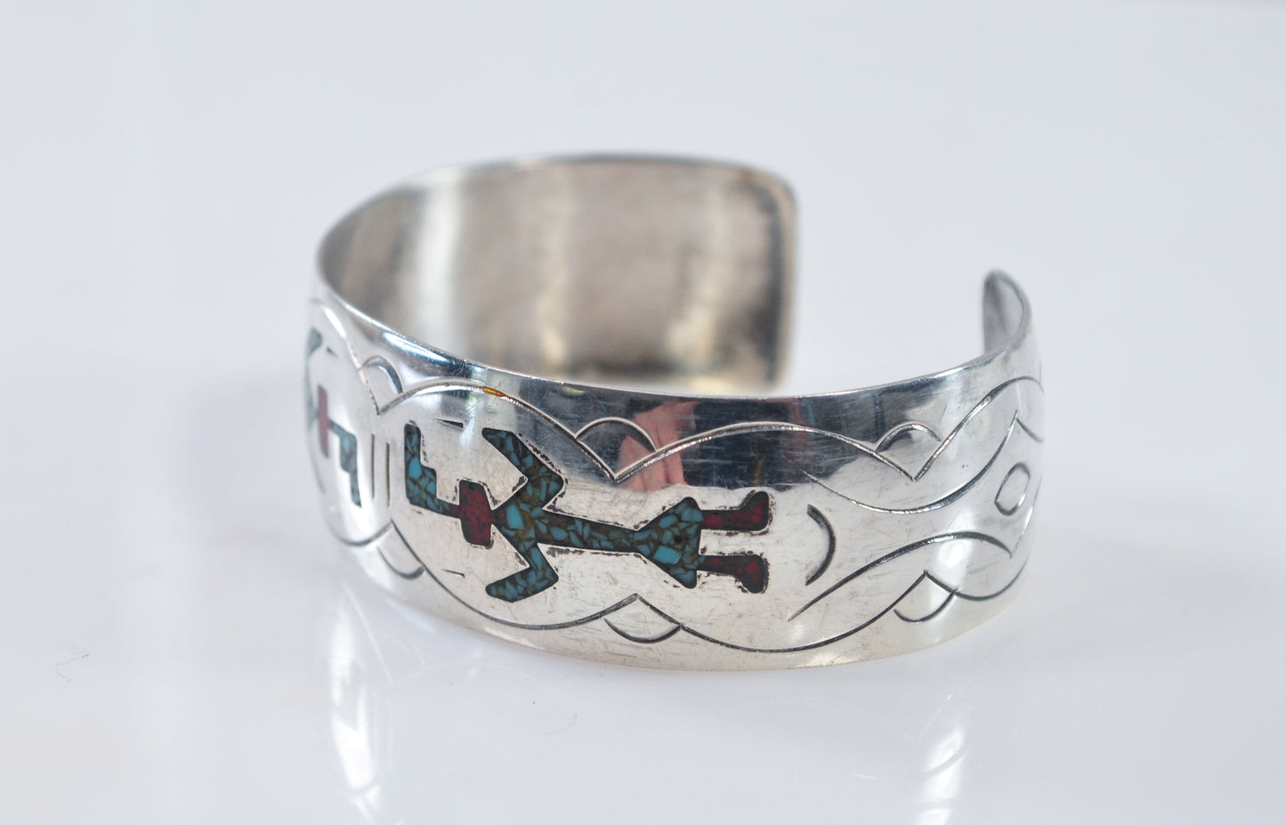 Native American Crushed Turquoise Coral Inlay Cuff Bracelet