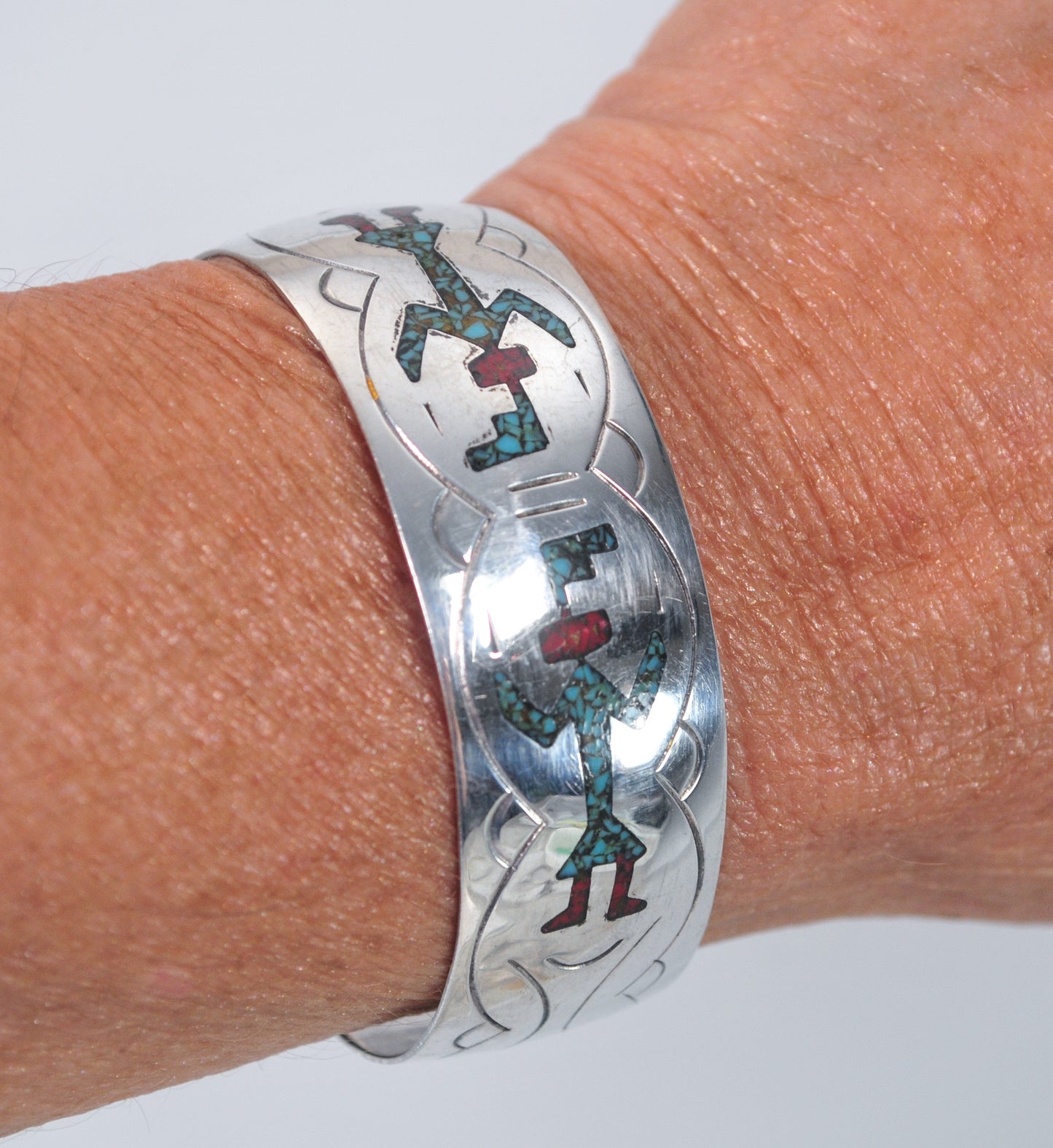 Native American Crushed Turquoise Coral Inlay Cuff Bracelet