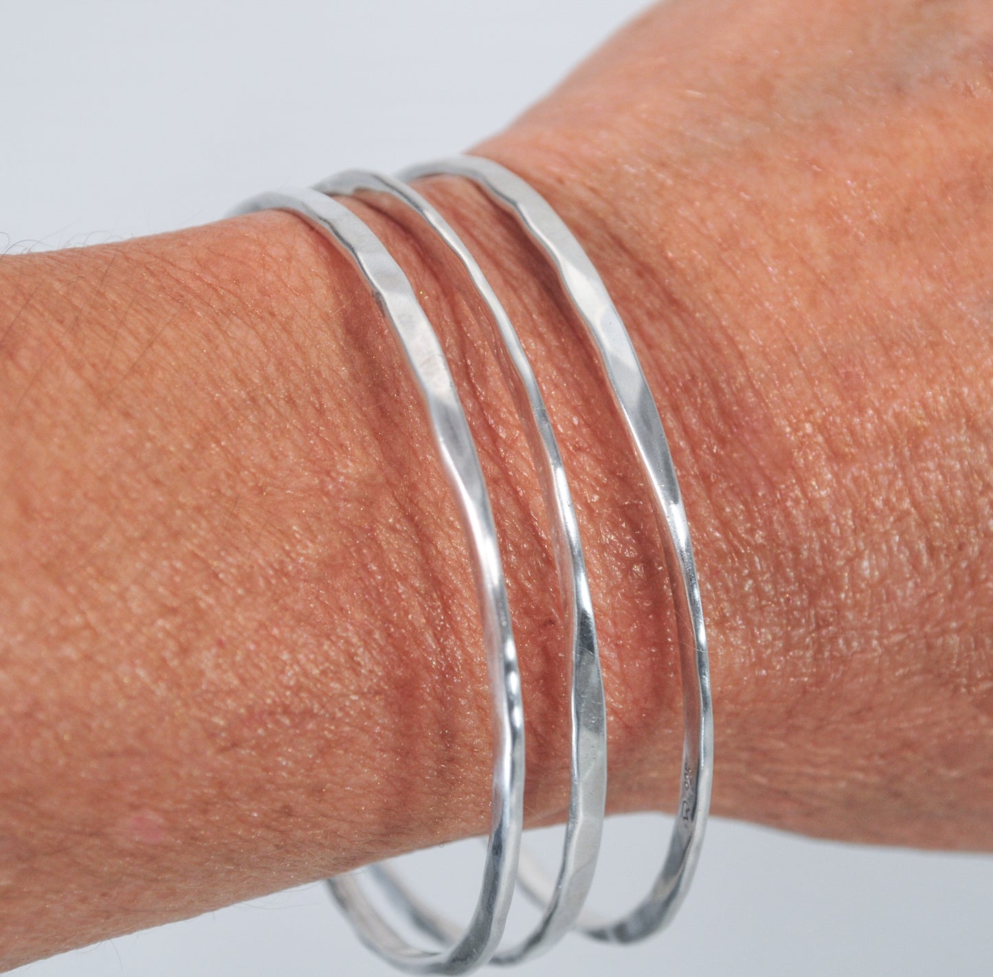 Signed Set of 3 Sterling Silver Hammered Bangle Bracelets