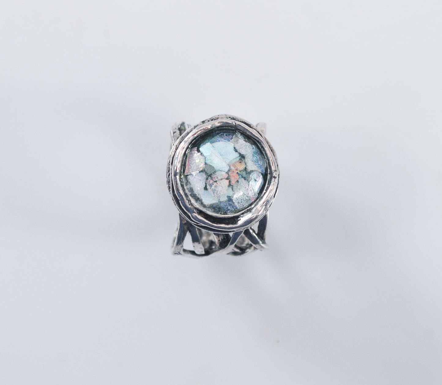 Vintage Sterling Silver Ancient Roman Glass Ring