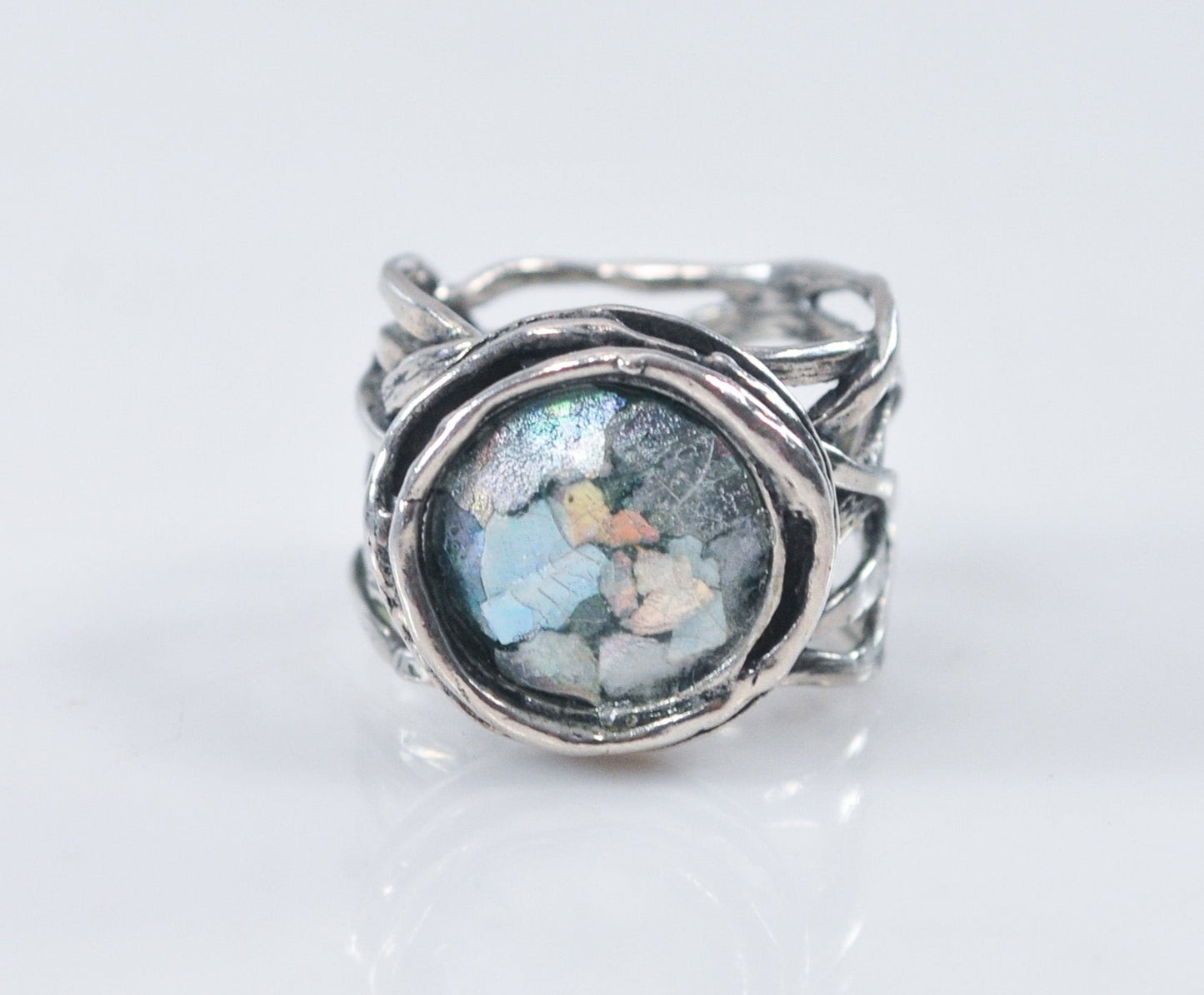 Vintage Sterling Silver Ancient Roman Glass Ring