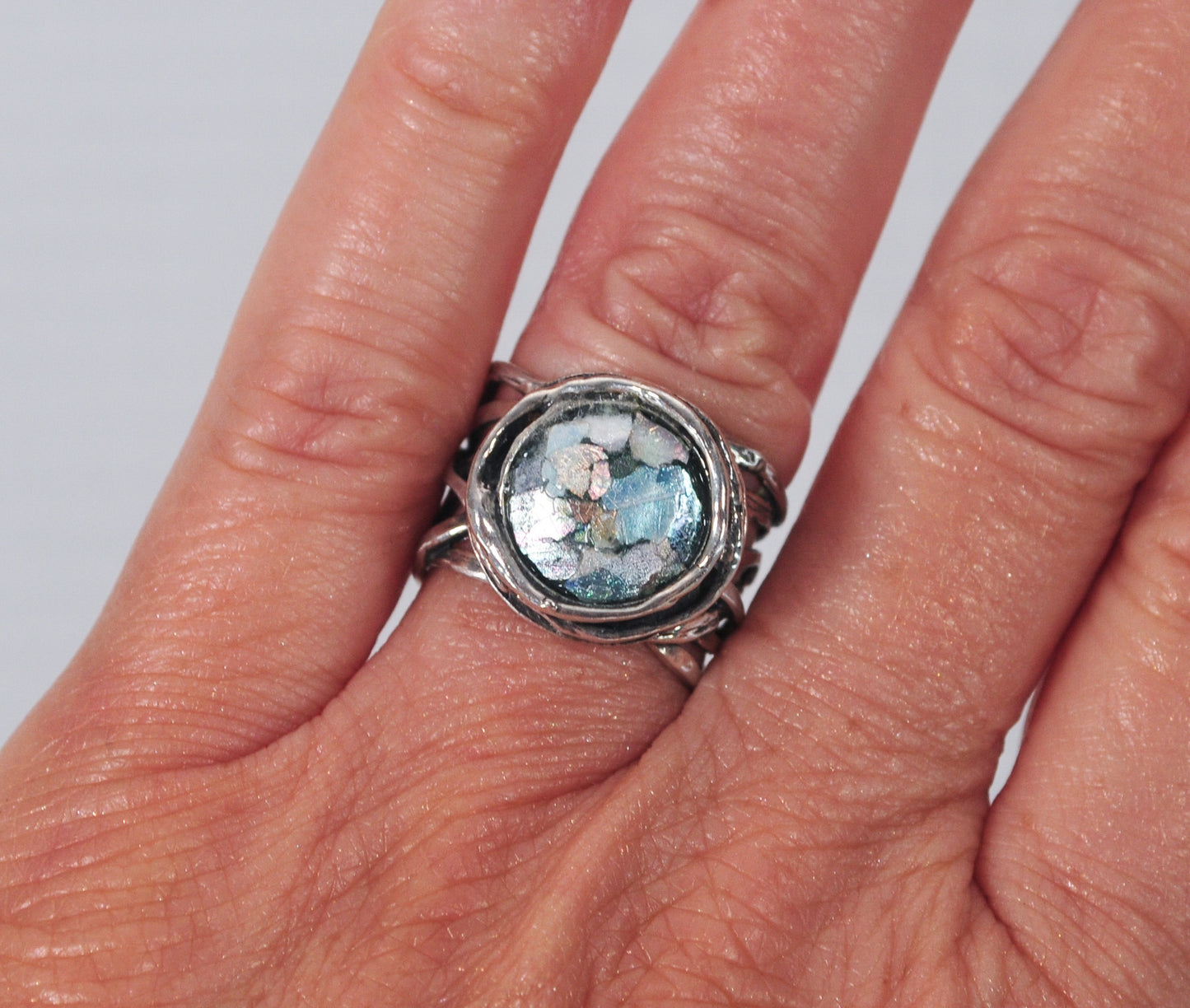 Vintage Sterling Silver Ancient Roman Glass Ring