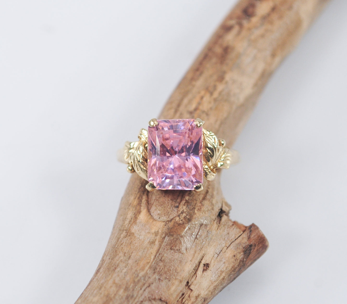 Vintage 10K Gold Emerald Cut Pink Ice Ring