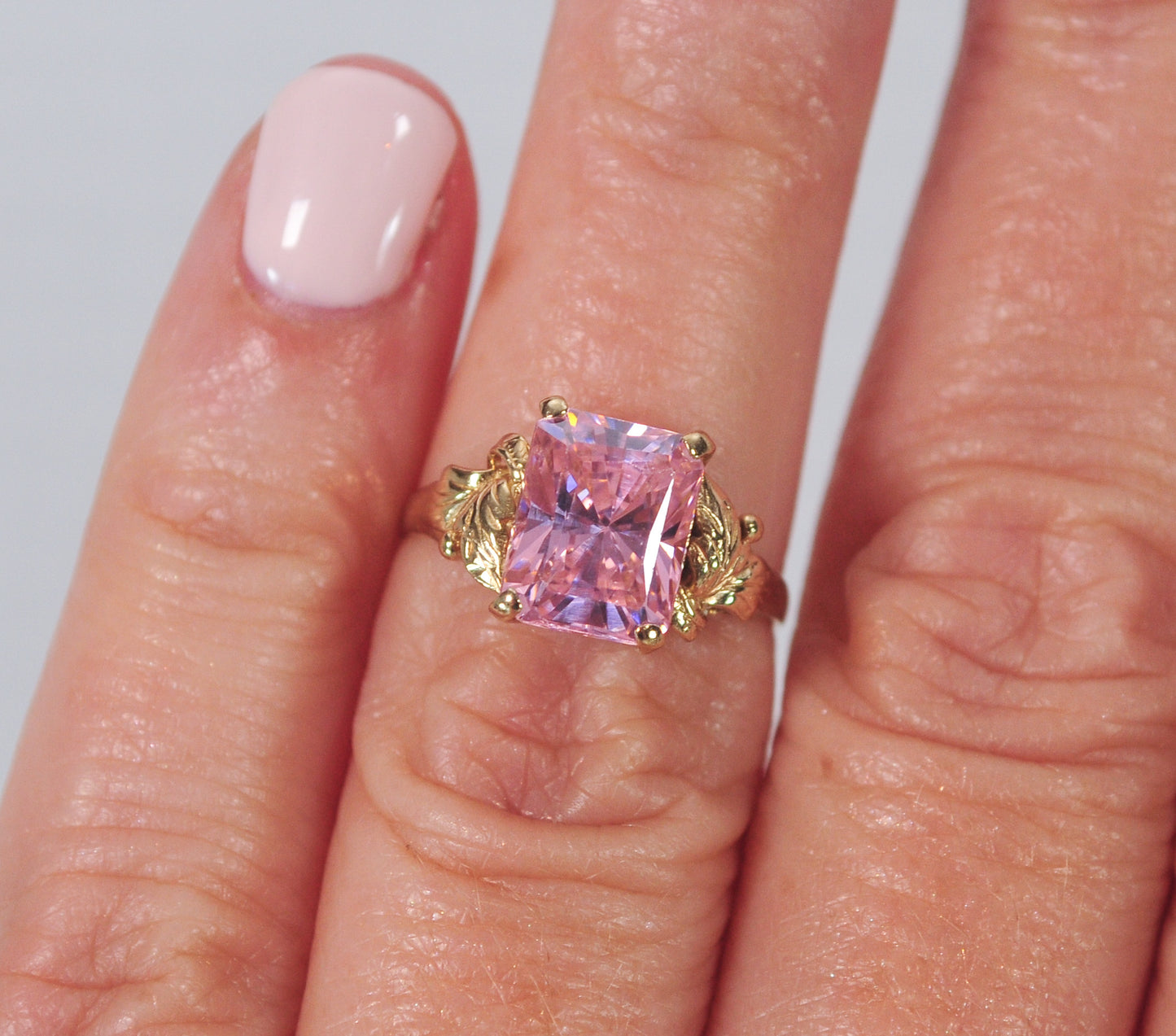 Vintage 10K Gold Emerald Cut Pink Ice Ring