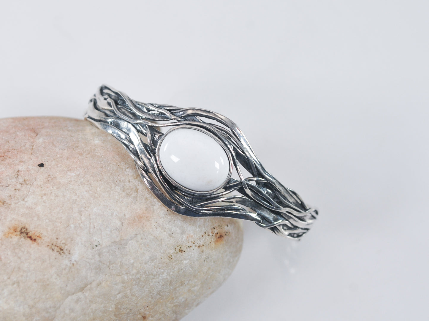 Israel Designer Sterling Silver White Agate Cuff Bracelet