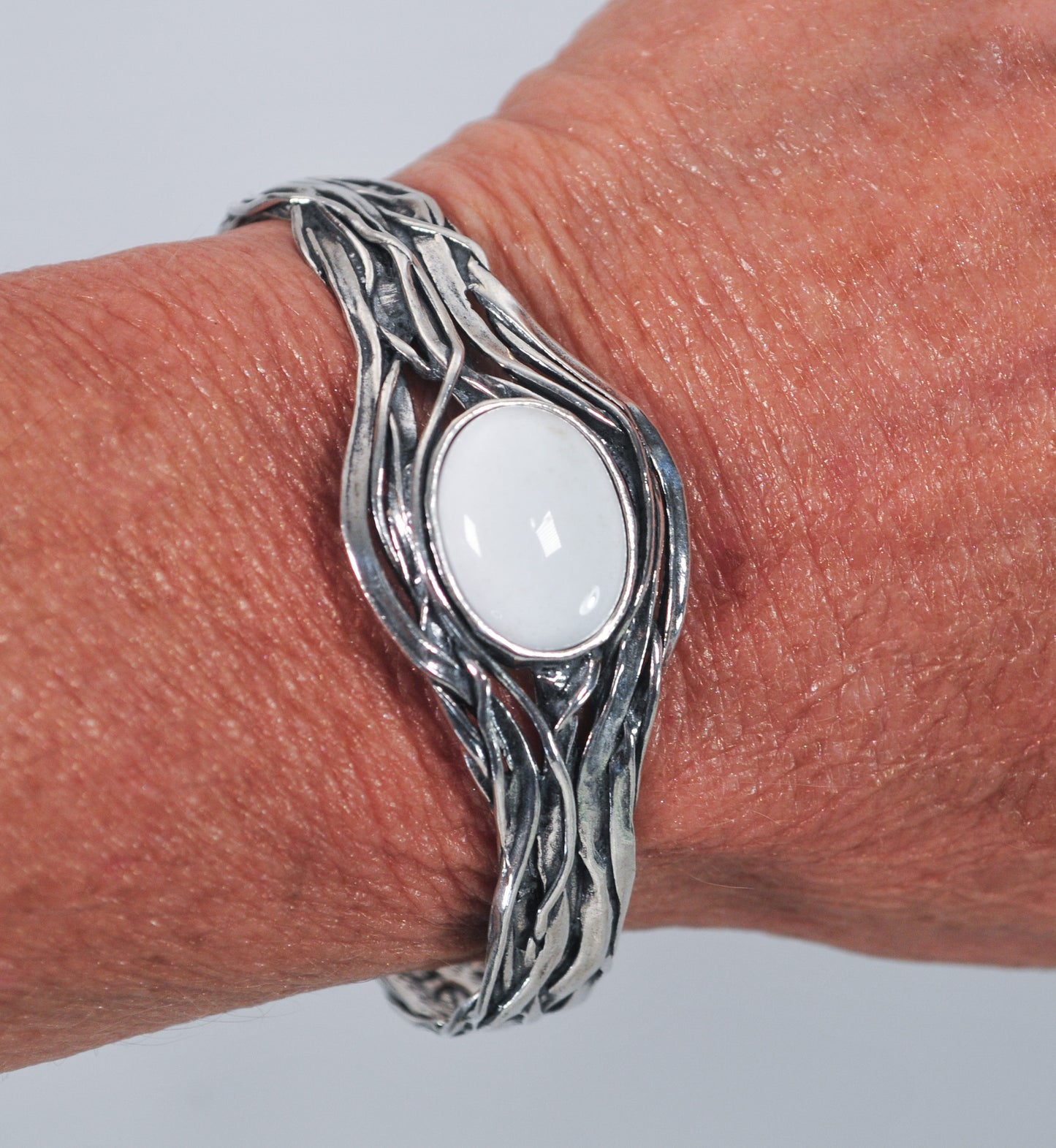 Israel Designer Sterling Silver White Agate Cuff Bracelet