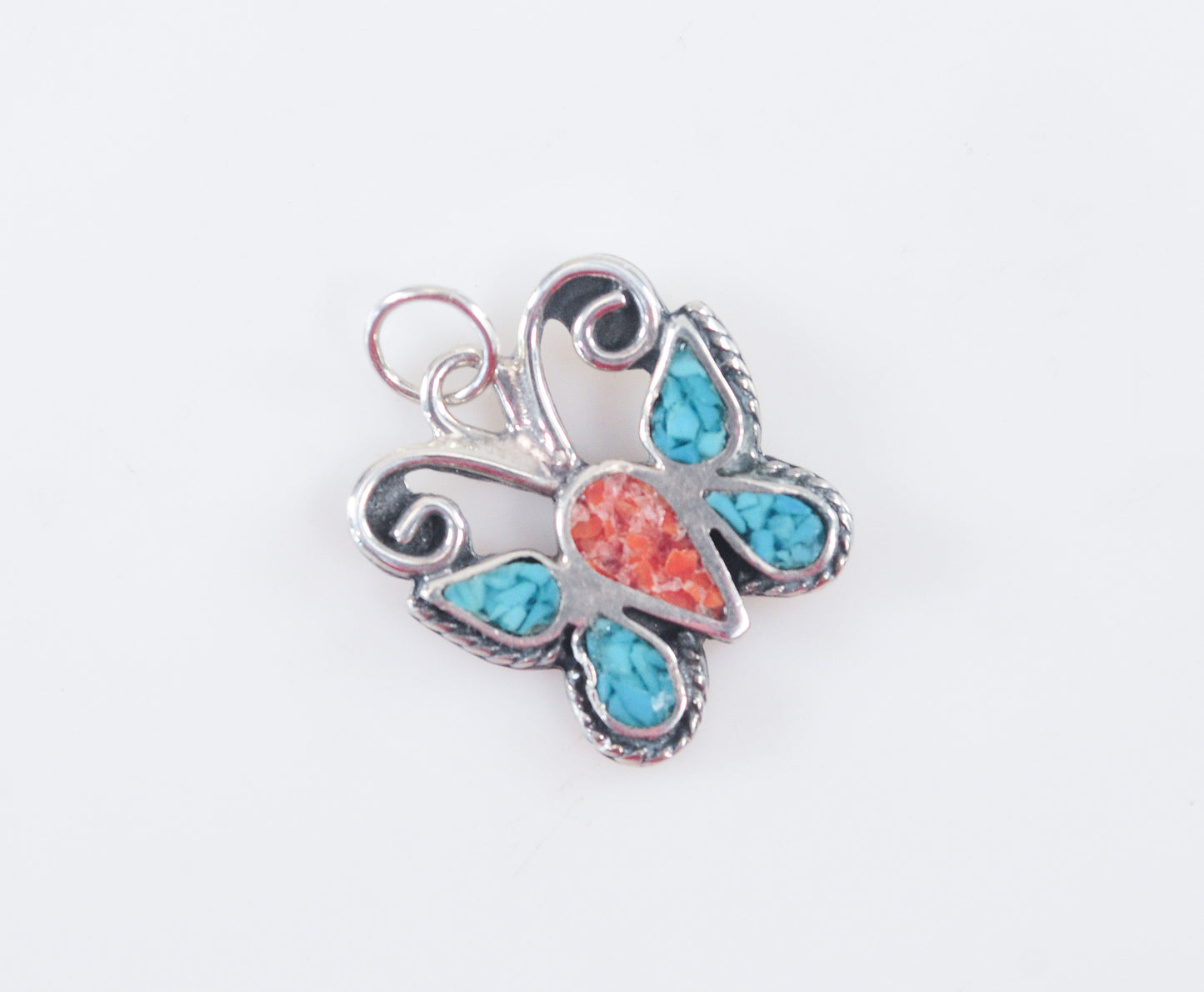 Small Signed Sterling Silver Turquoise Coral Chip Inlay Butterfly Pendant