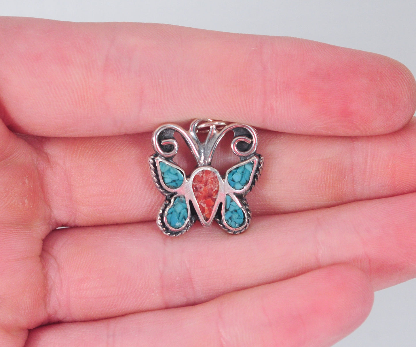 Small Signed Sterling Silver Turquoise Coral Chip Inlay Butterfly Pendant