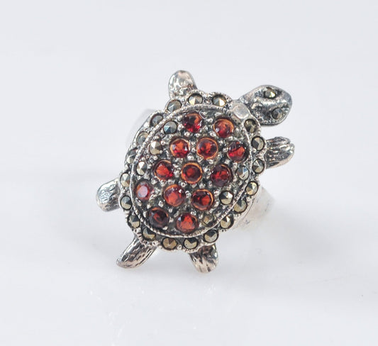 Vintage Articulated Sterling Silver Garnet Marcasite Turtle Ring