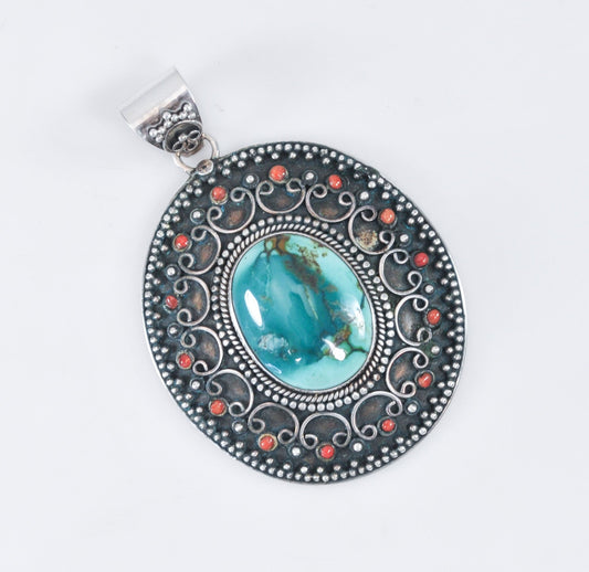 Large Nepali Sterling Silver Turquoise Coral Pendant