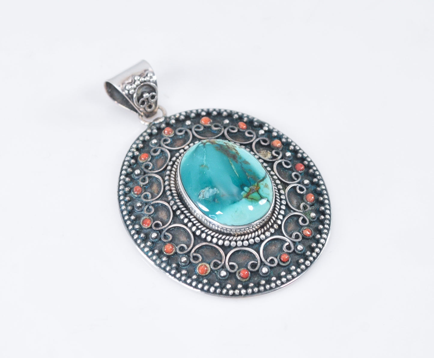 Large Nepali Sterling Silver Turquoise Coral Pendant