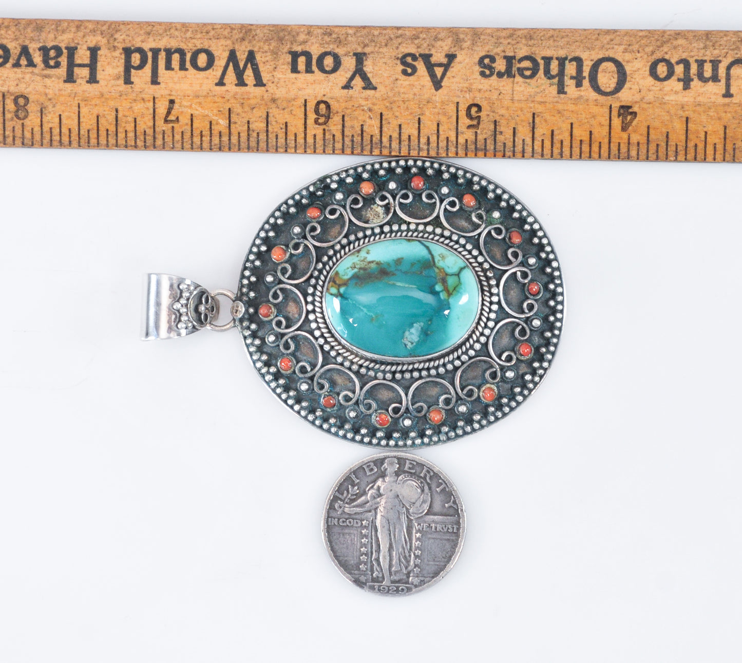 Large Nepali Sterling Silver Turquoise Coral Pendant