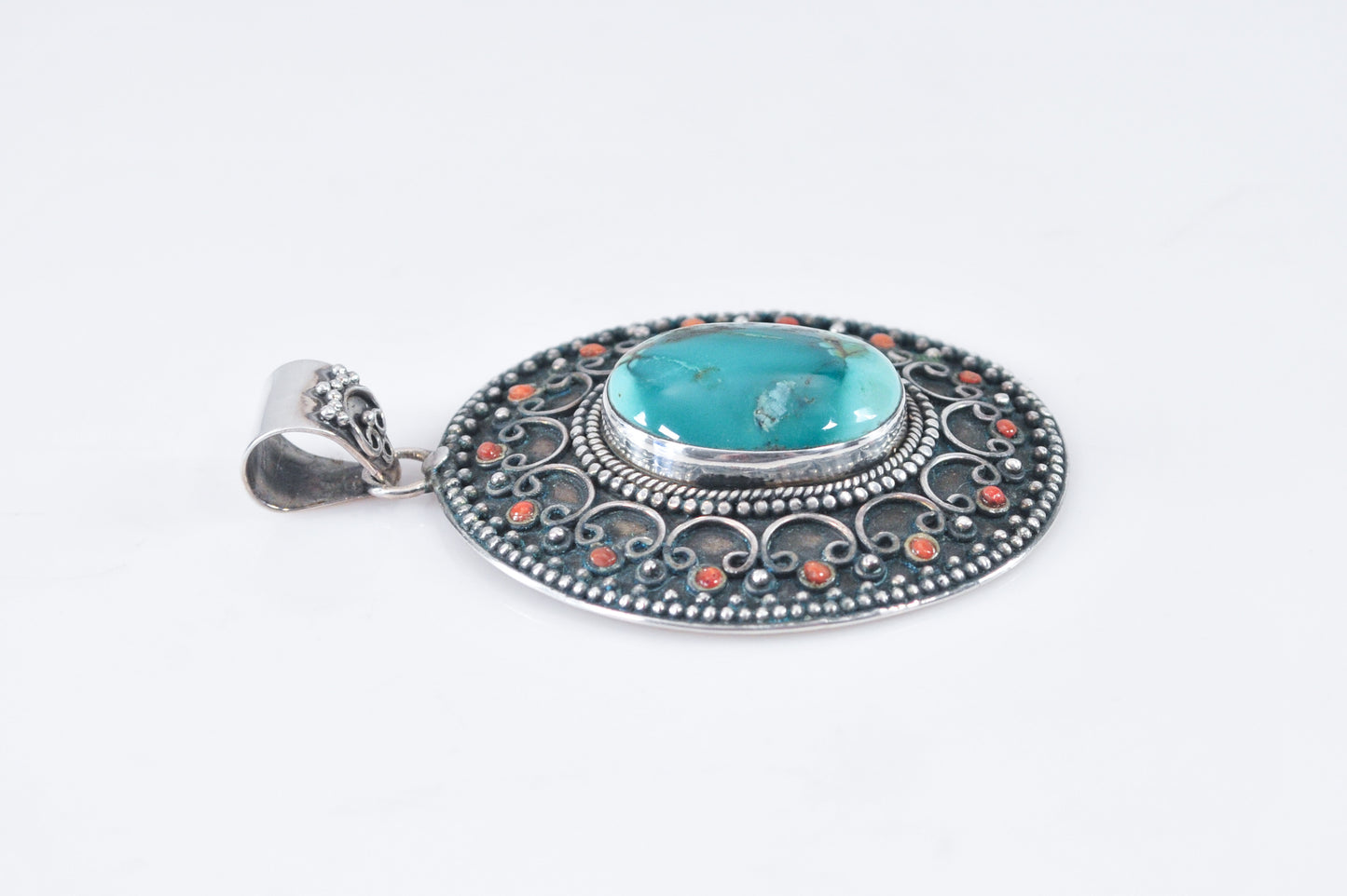 Large Nepali Sterling Silver Turquoise Coral Pendant