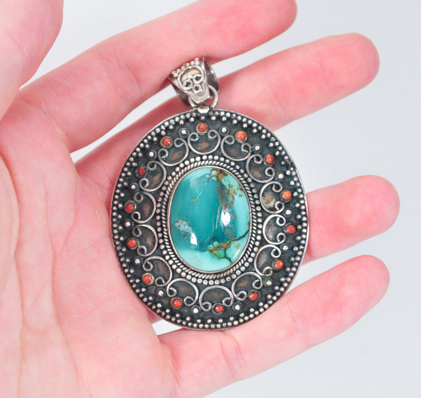 Large Nepali Sterling Silver Turquoise Coral Pendant