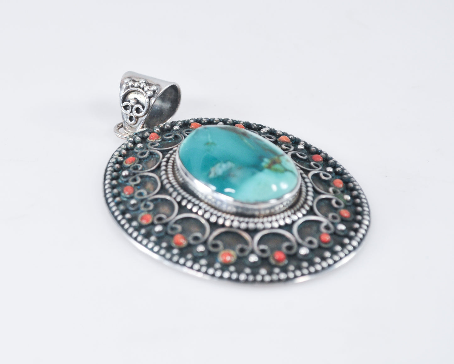 Large Nepali Sterling Silver Turquoise Coral Pendant