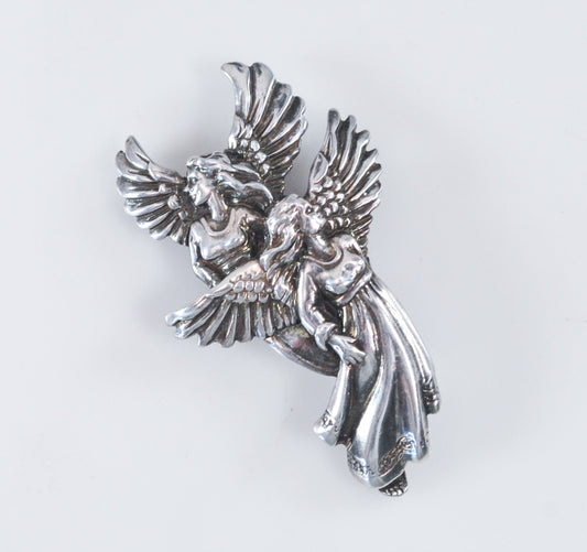 Shube Sterling Silver Double Angel Brooch Pendant