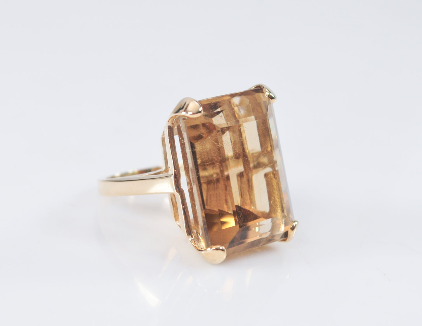 Huge Estate 14K Gold Emerald Cut Smoky Topaz Ring