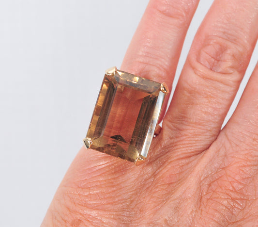 Huge Estate 14K Gold Emerald Cut Smoky Topaz Ring