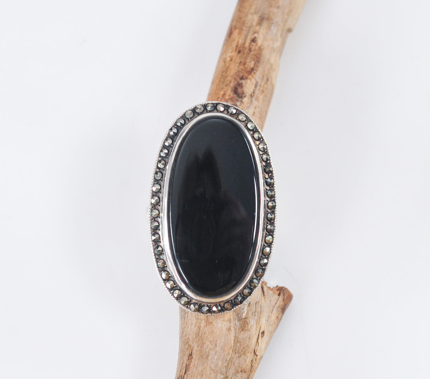 Long 925 Sterling Silver Black Onyx Marcasite Ring