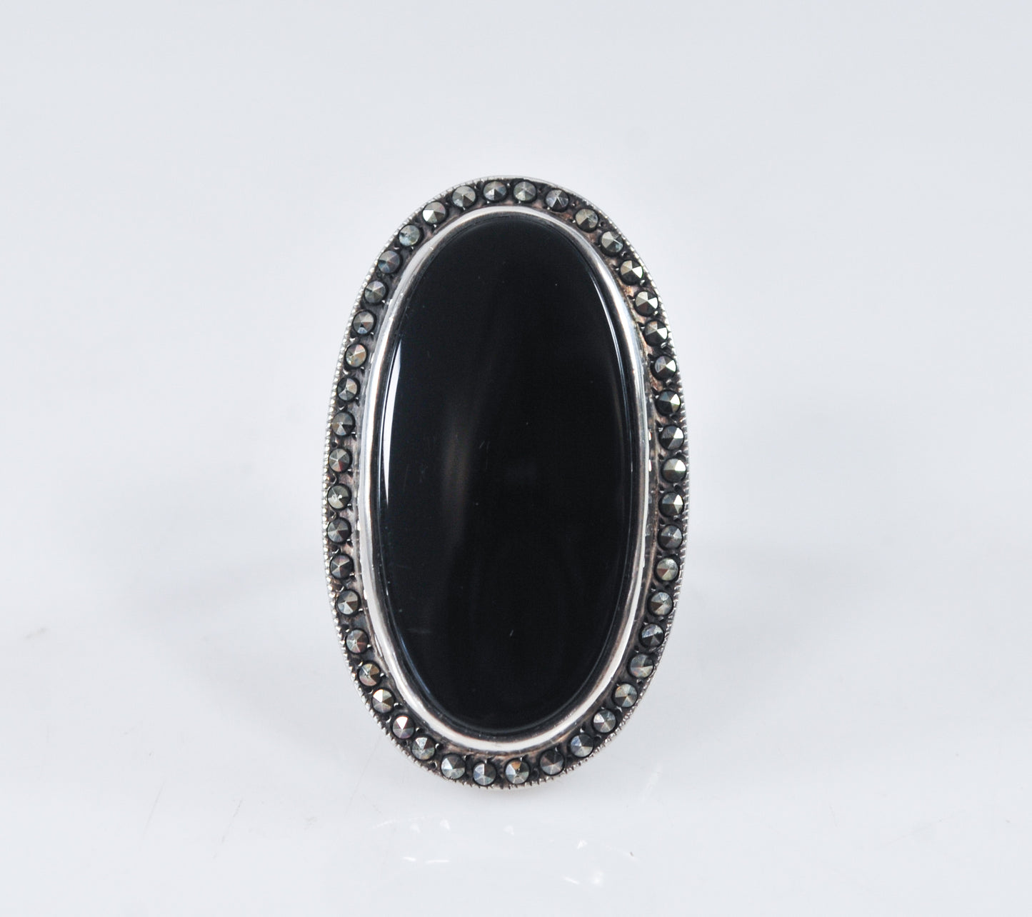 Long 925 Sterling Silver Black Onyx Marcasite Ring