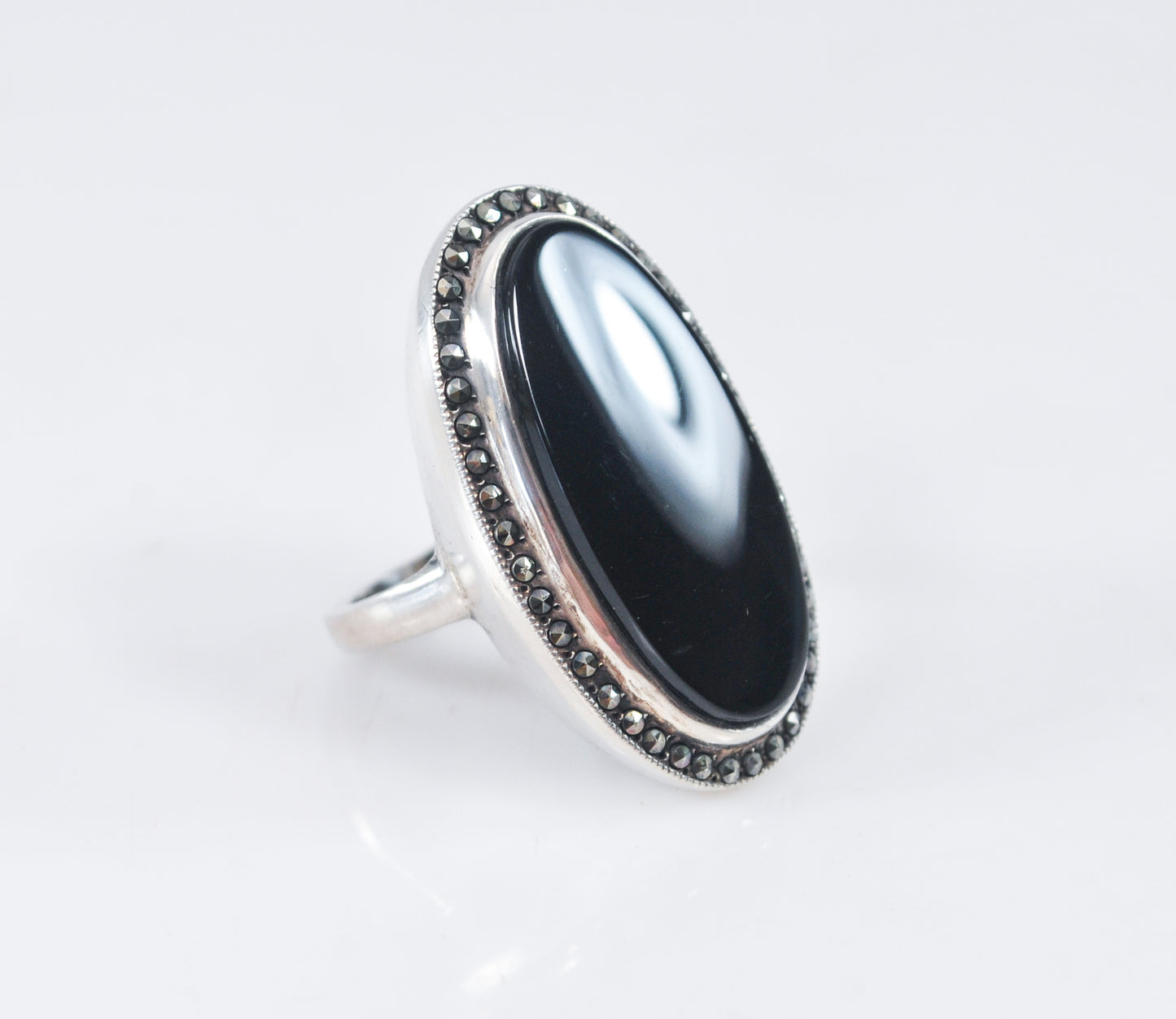 Long 925 Sterling Silver Black Onyx Marcasite Ring