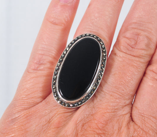 Long 925 Sterling Silver Black Onyx Marcasite Ring