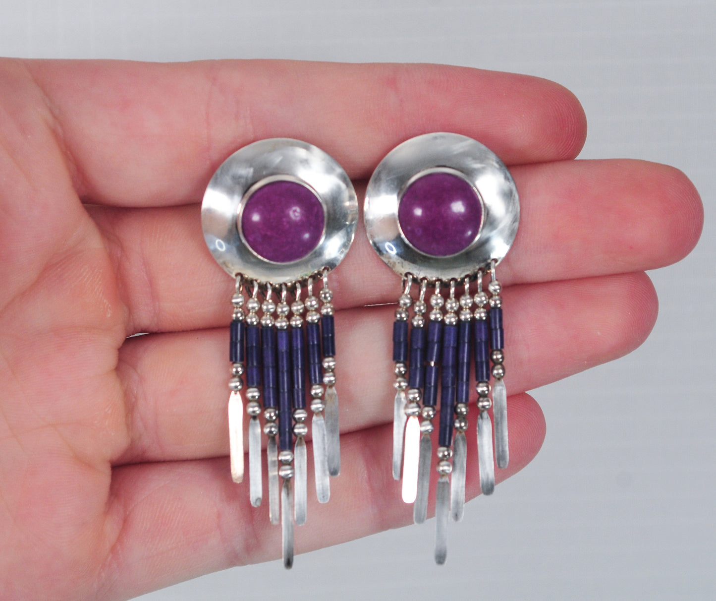 Native American Sterling Silver Sugilite Fringe Earrings