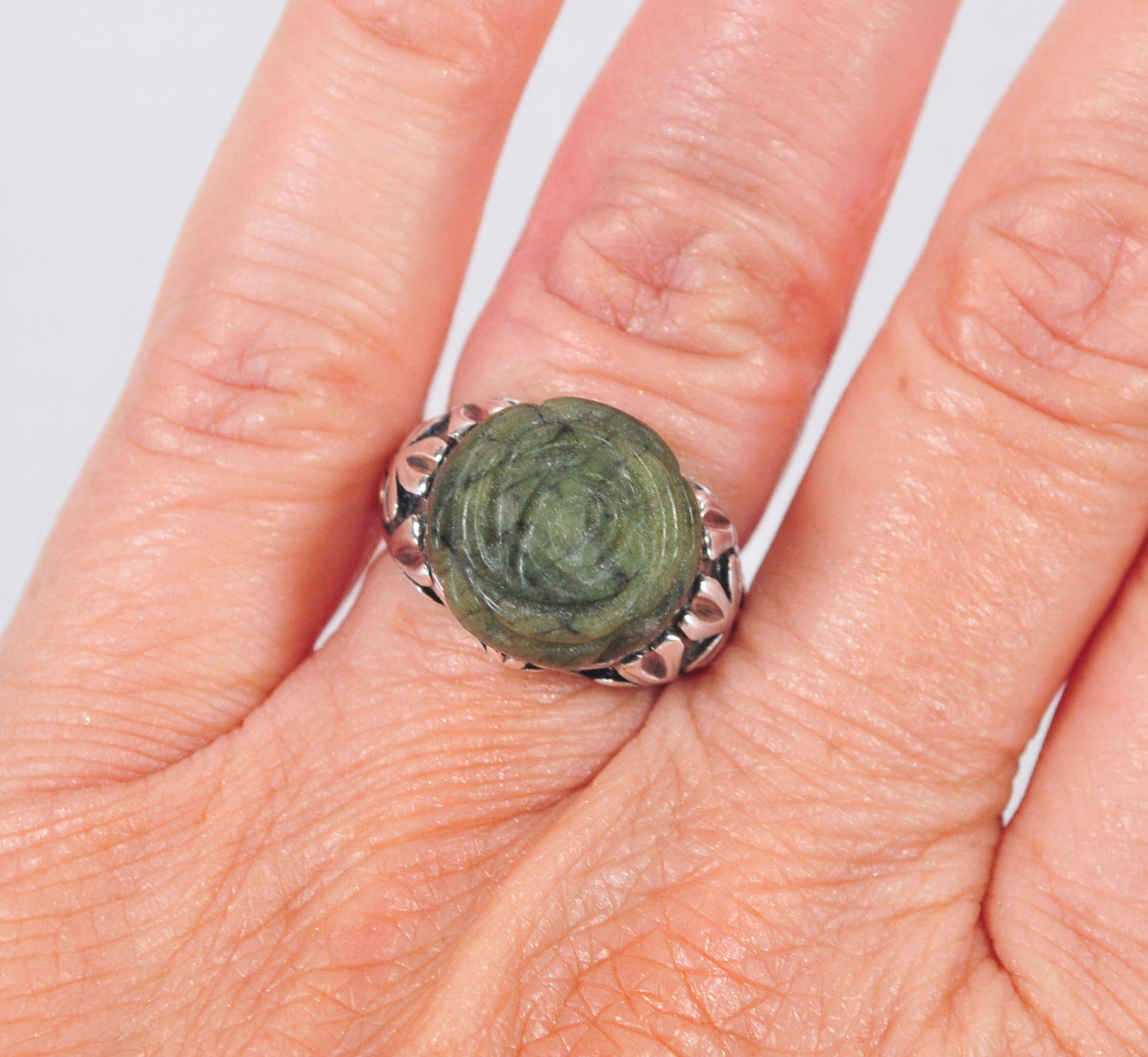 Ireland Sterling Silver Rose Connemara Marble Shamrock Ring