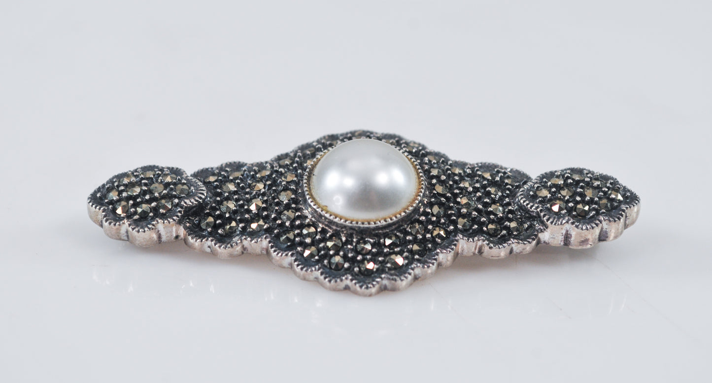 Judith Jack Sterling Silver Marcasite Pearl Brooch