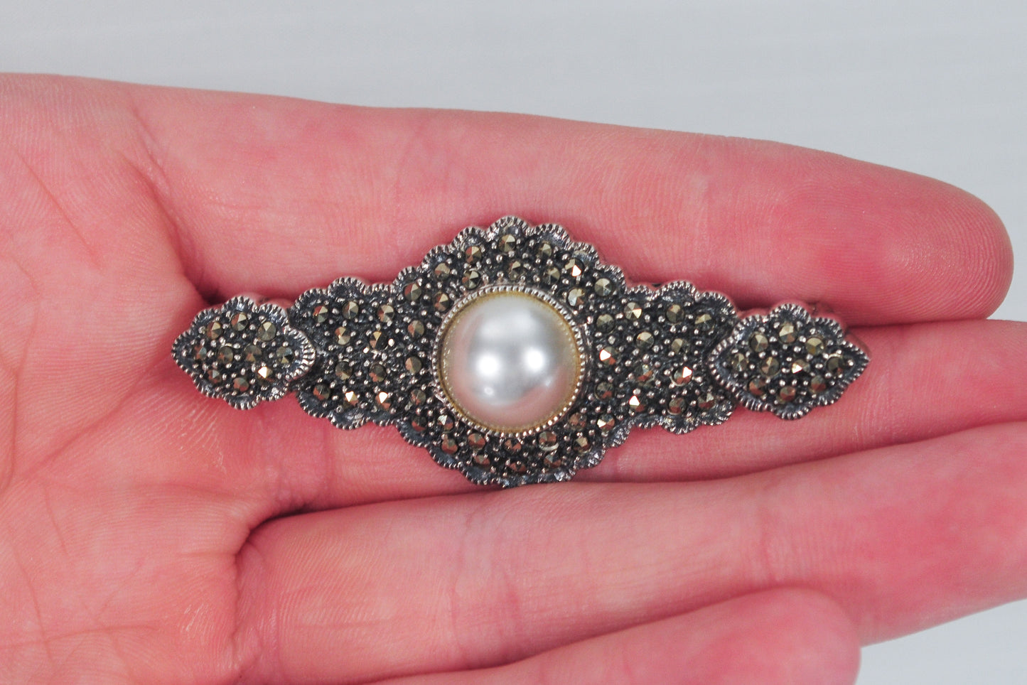 Judith Jack Sterling Silver Marcasite Pearl Brooch