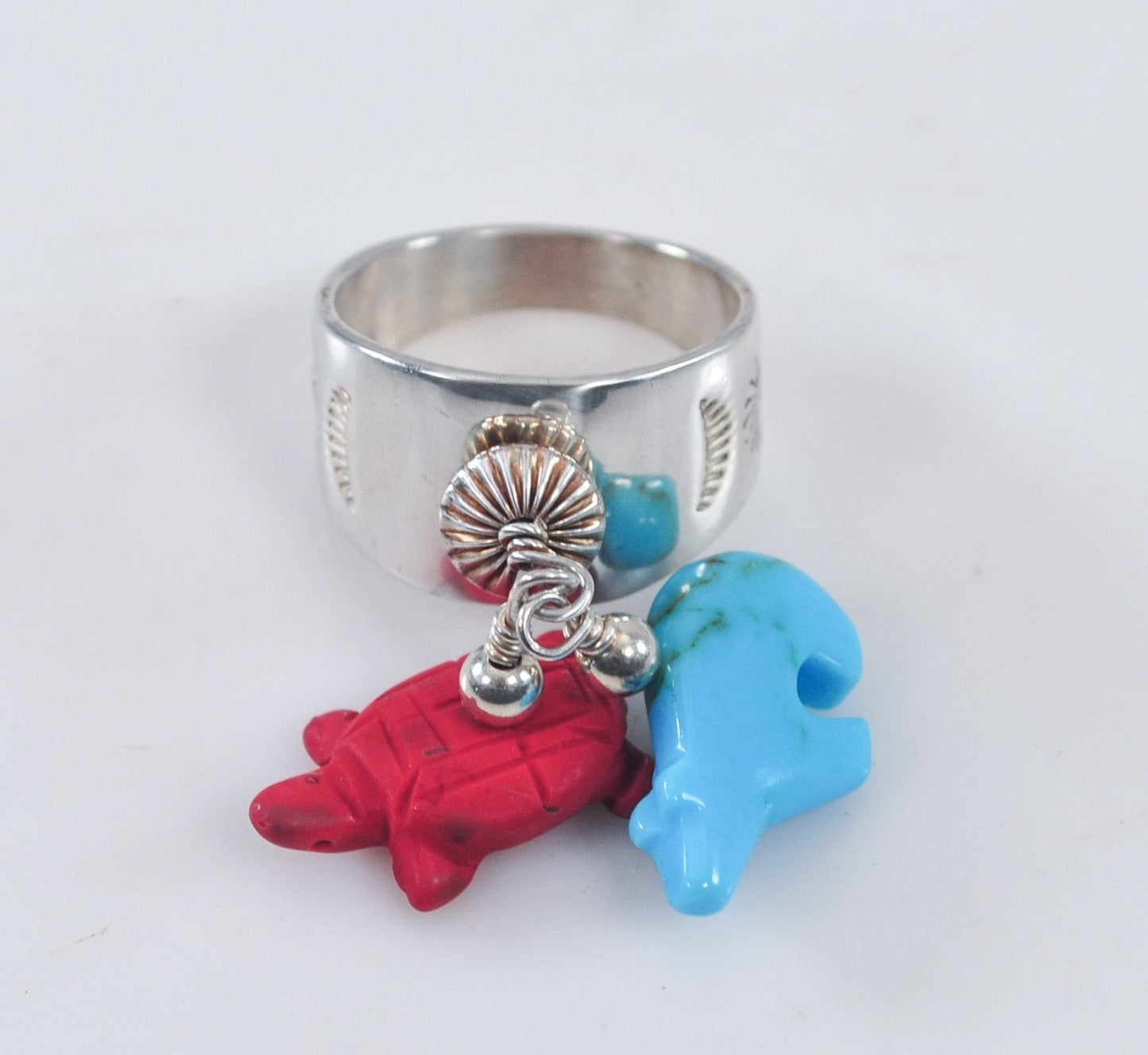 Carolyn Pollack Relios Turquoise Coral Bear Turtle Dangle Ring