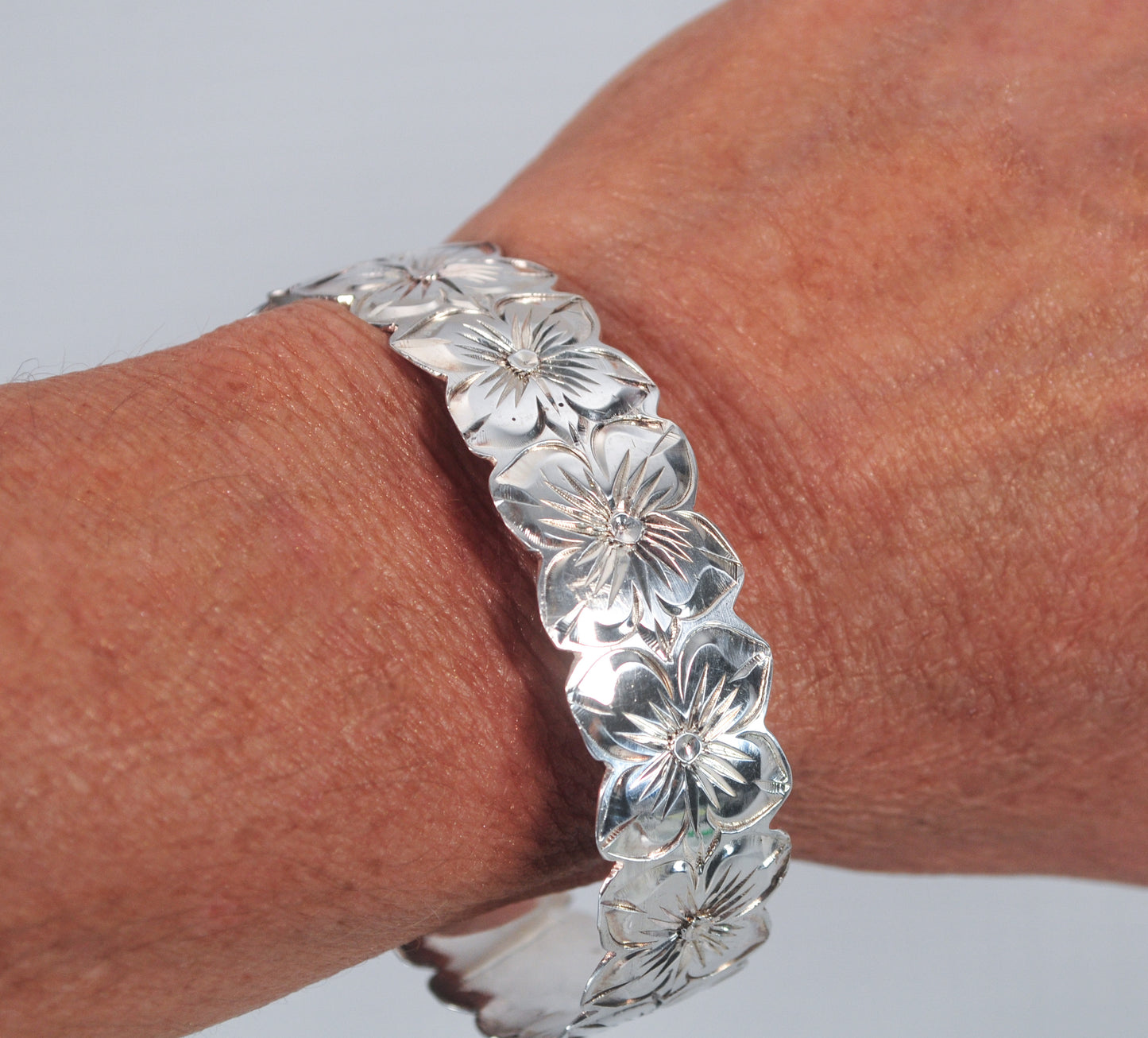 Sterling Silver Plumeria Flower Bangle Bracelet