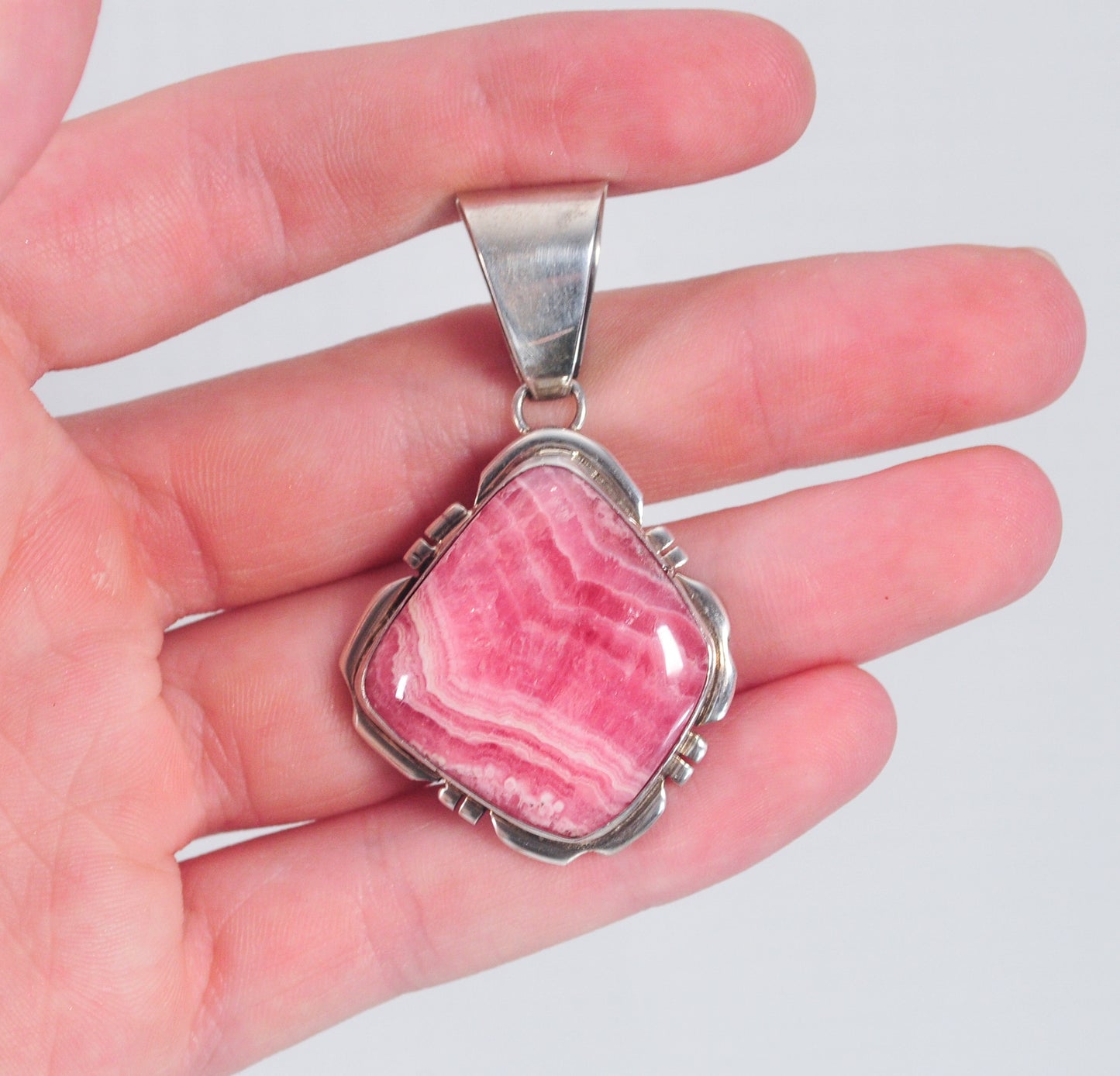 Navajo Signed Sterling Silver Rhodochrosite Pendant