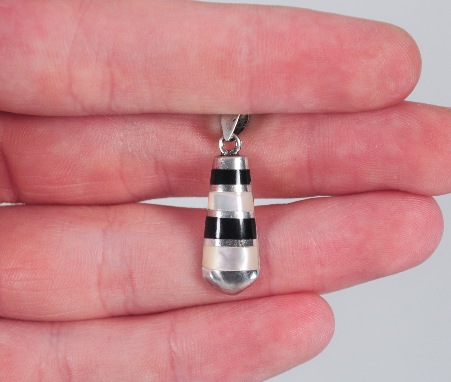 Small Sterling Silver Mother of Pearl Black Onyx Inlay Pendant