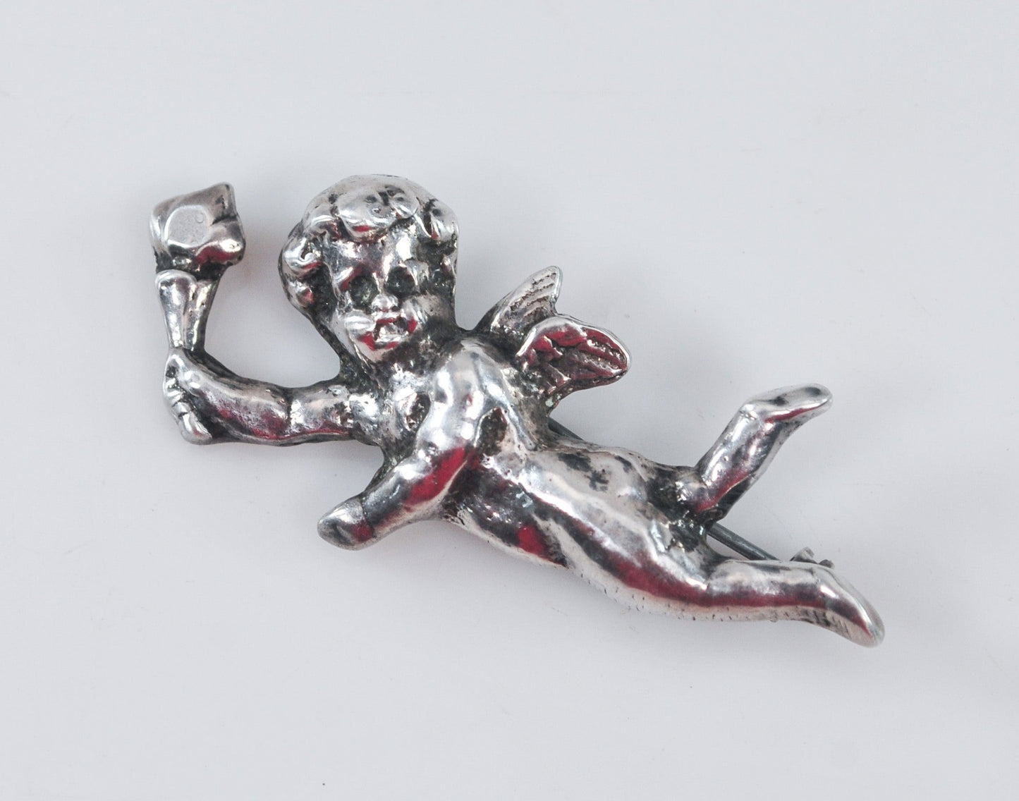 Vintage Sterling Silver Flying Angel Brooch