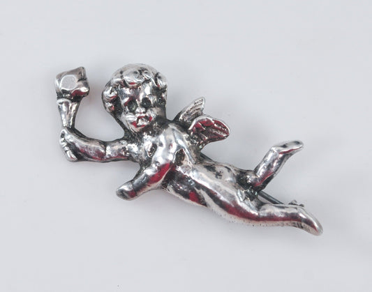 Vintage Sterling Silver Flying Angel Brooch